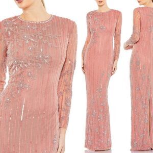 Mac Duggal 93626 High Neck Illusion Embellished Gown Dress Rose 14